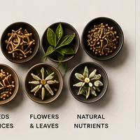 Bowls of roots, herbs, seeds, and botanical ingredients