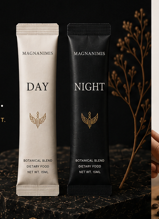 Magnanimis Day and Night sachets resting on black stone